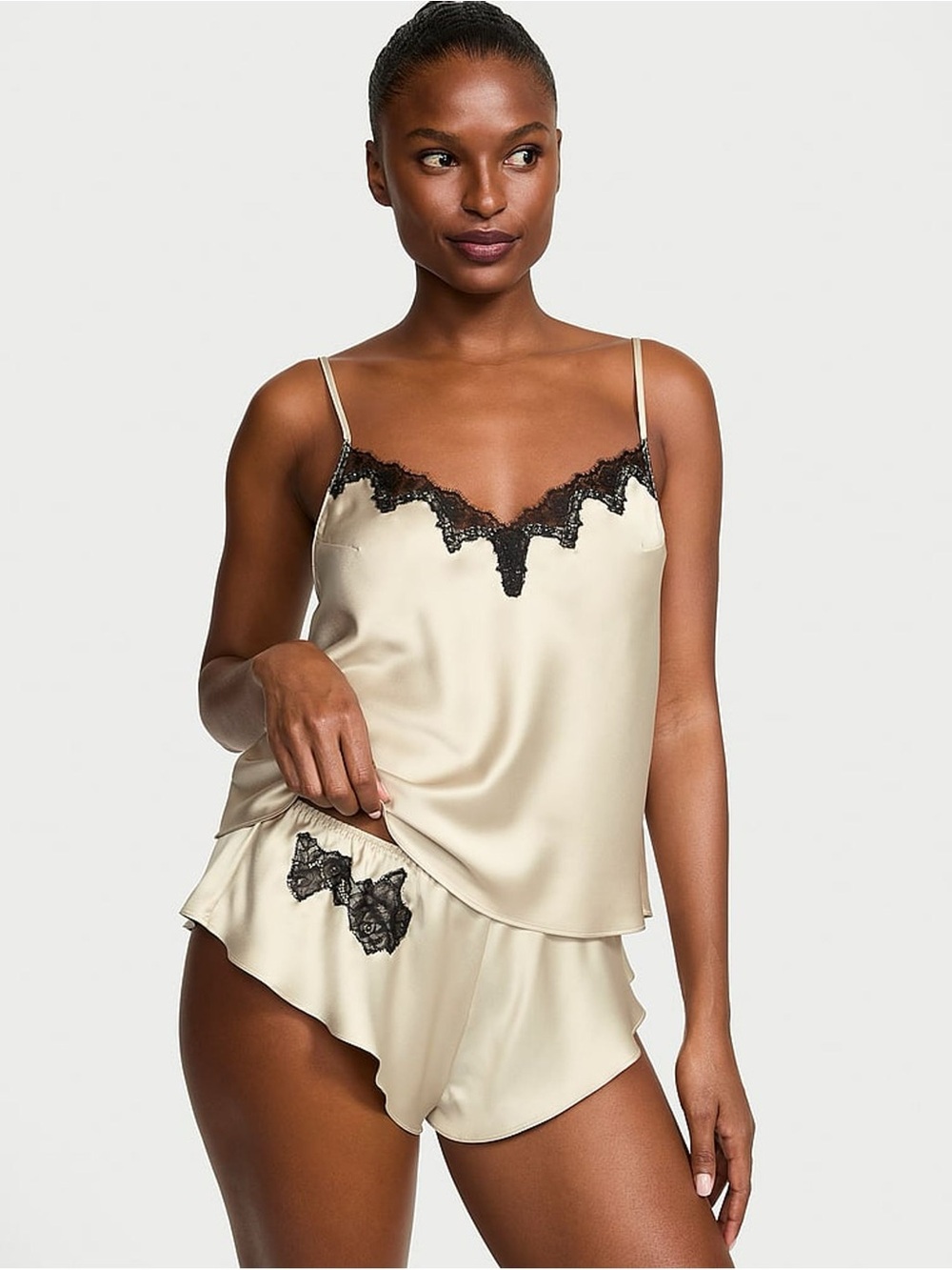 Victoria's Secret Champagne Satin Cami & Short Set with Black Lace